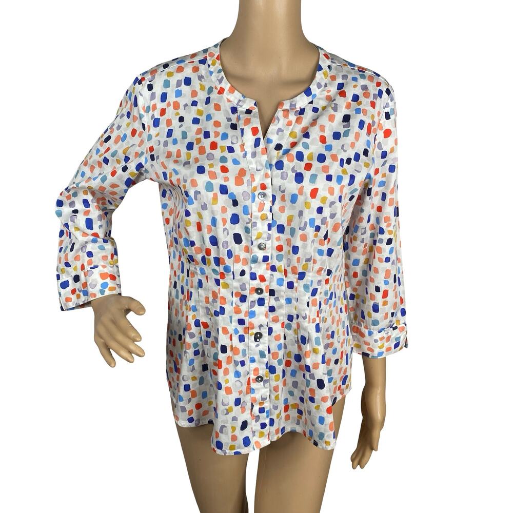 NIC+ZOE Sea Glass Painterly Dot Print Pintuck Waist Cotton Blouse SZ S